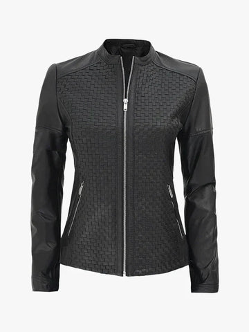 Shadow Moto Women's Black Textured Cafe Racer Leather Jacket - Premium Quality Real Leather Jacket