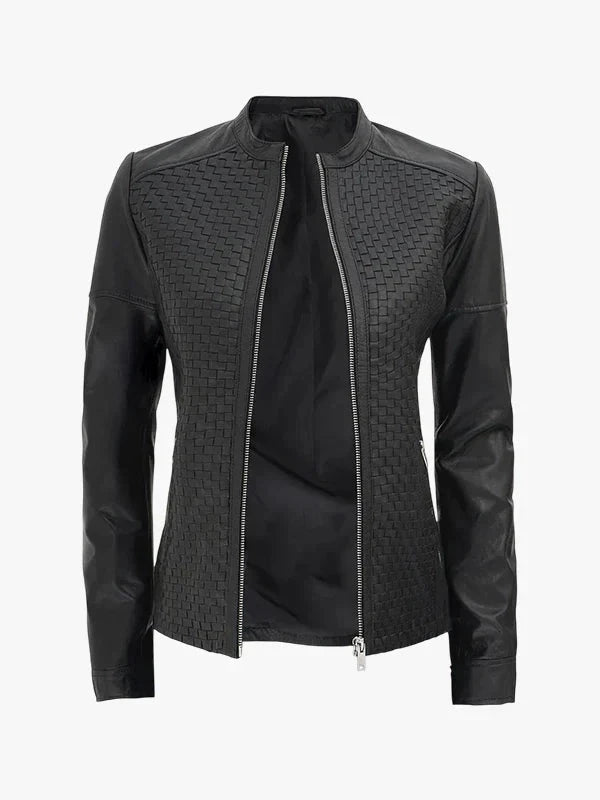 Shadow Moto Women's Black Textured Cafe Racer Leather Jacket - Premium Quality Real Leather Jacket