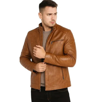 Men's Stand Collar Leather Sheepskin Leather Jacket - Jack Briton