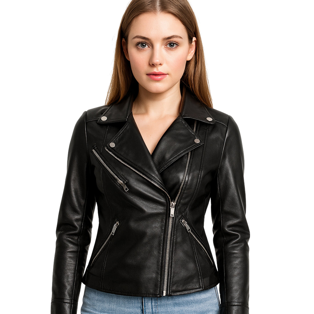 Womens Asymmetrical Black Leather Biker Jacket
