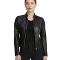 Womens Black Cafe Racer Leather Jacket Sleek Biker Style