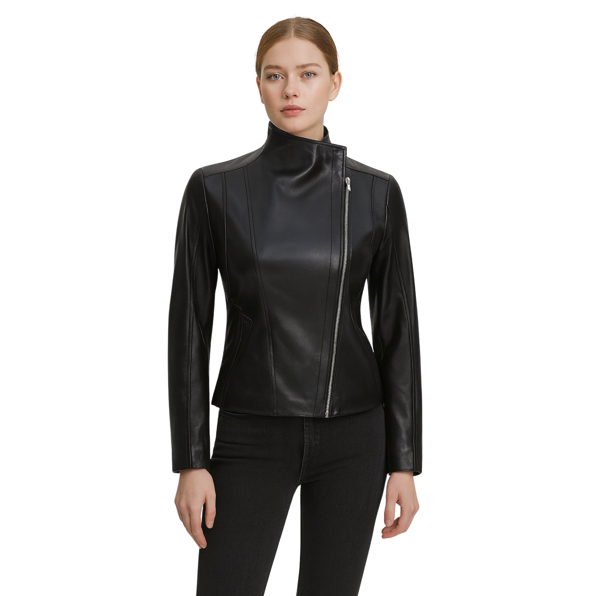 Womens Black Leather Biker Jacket with Flap Closure Cafe Racer Style Jacket