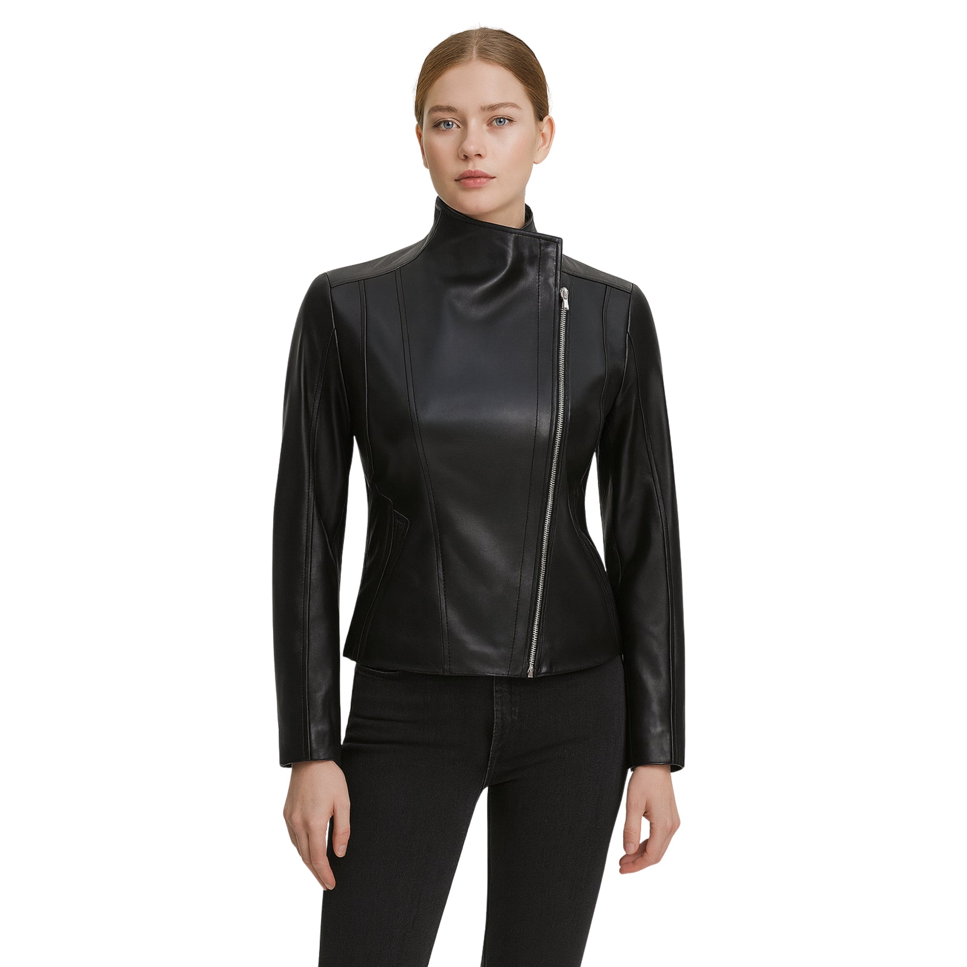 Womens Black Leather Biker Jacket with Flap Closure Cafe Racer Style Jacket