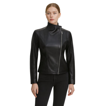 Womens Black Leather Biker Jacket with Flap Closure Cafe Racer Style Jacket