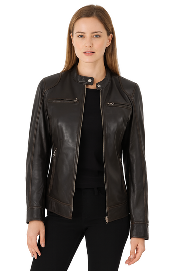 Womens Riley Dodge Rub Off Brown Cafe Racer Jacket