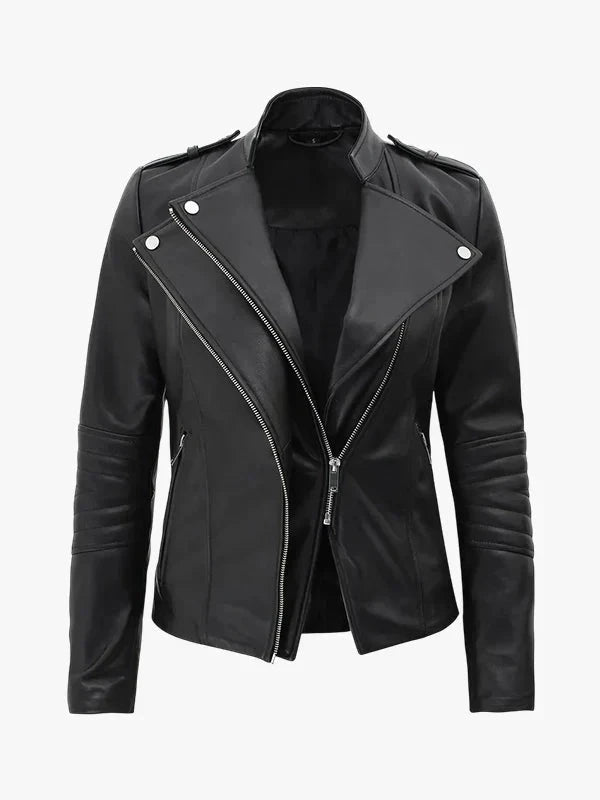 Zenith Fit Women's Black Asymmetrical Leather Jacket - Premium Quality Real Leather Jacket