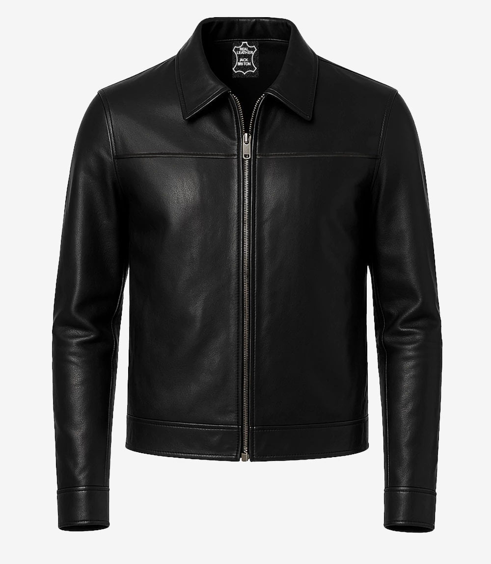 Men's Black Shirt Collar Leather Jacket